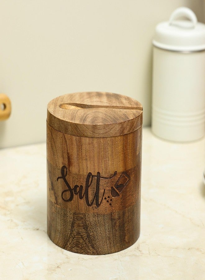 dudki Wooden Salt Box with Magnetic Lid with Attached Spoon on Top| 800 ML Round Salt Container| Bowl Pot Jar Salt Box | Mango Wood for Dinning Table| Kitchen Home - Image 5